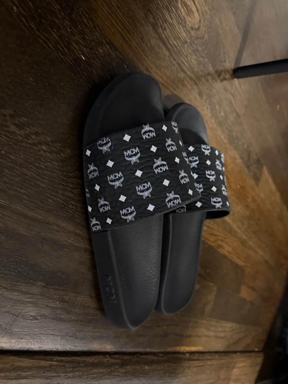 MCM Black Logo Slide Sandals for Kids with White Monogram